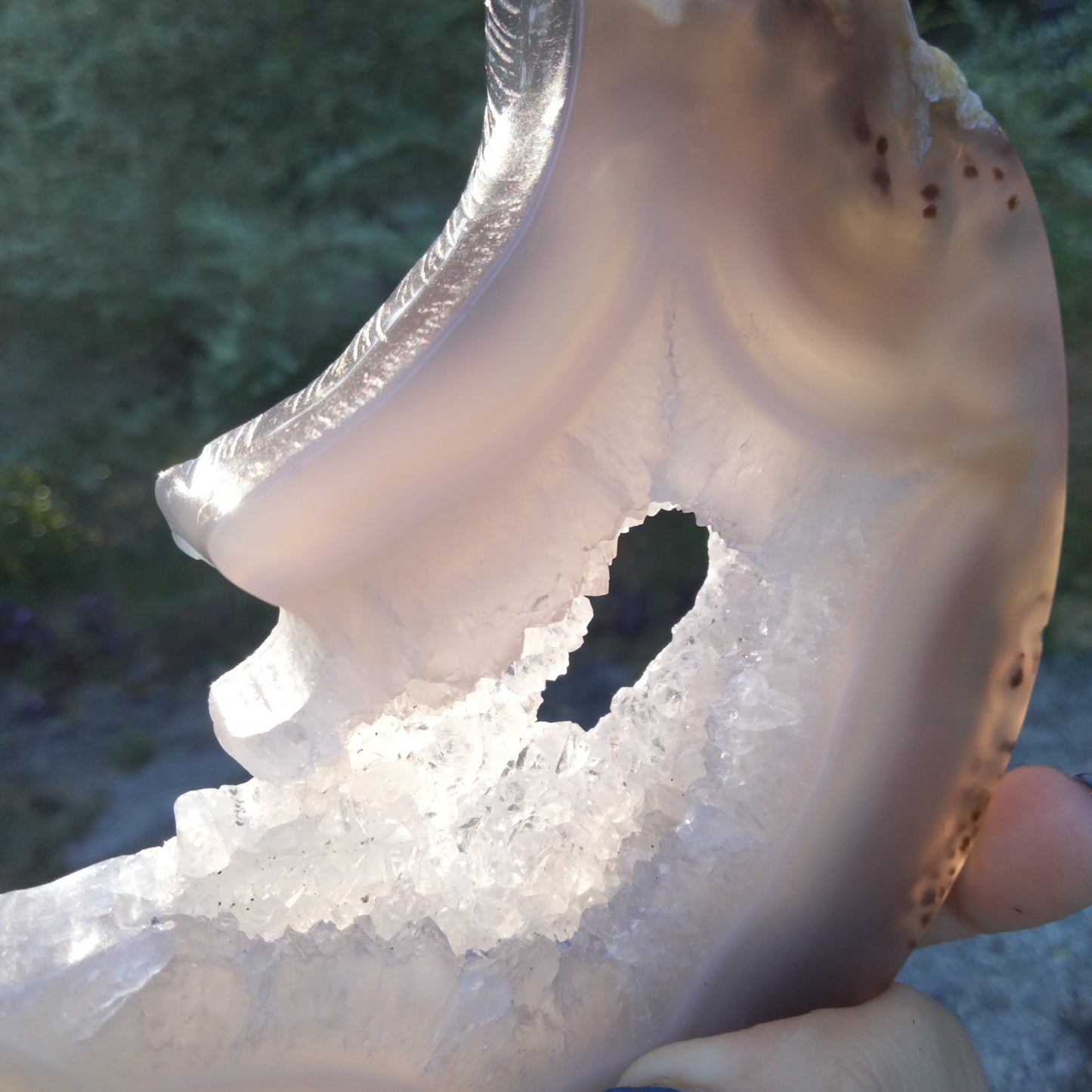 Agate Moon with moss infusion, portal, and window Druzy carving
