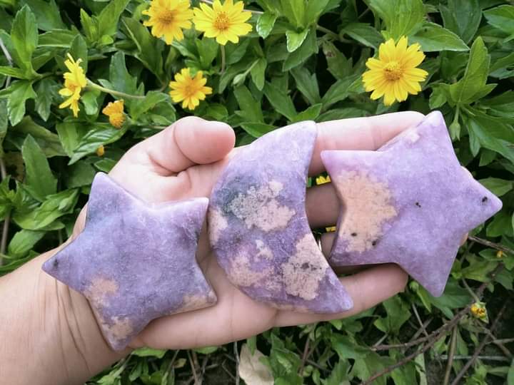 Lepidolite Star & Moon Crystal carving with infused pink tourmaline polished specimen