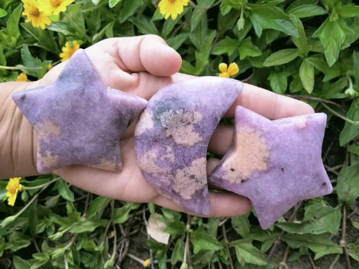 Lepidolite Star & Moon Crystal carving with infused pink tourmaline polished specimen