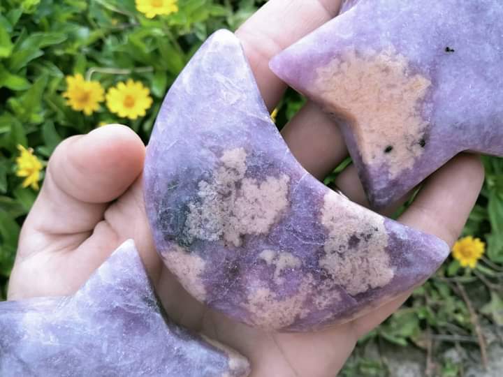 Lepidolite Star & Moon Crystal carving with infused pink tourmaline polished specimen