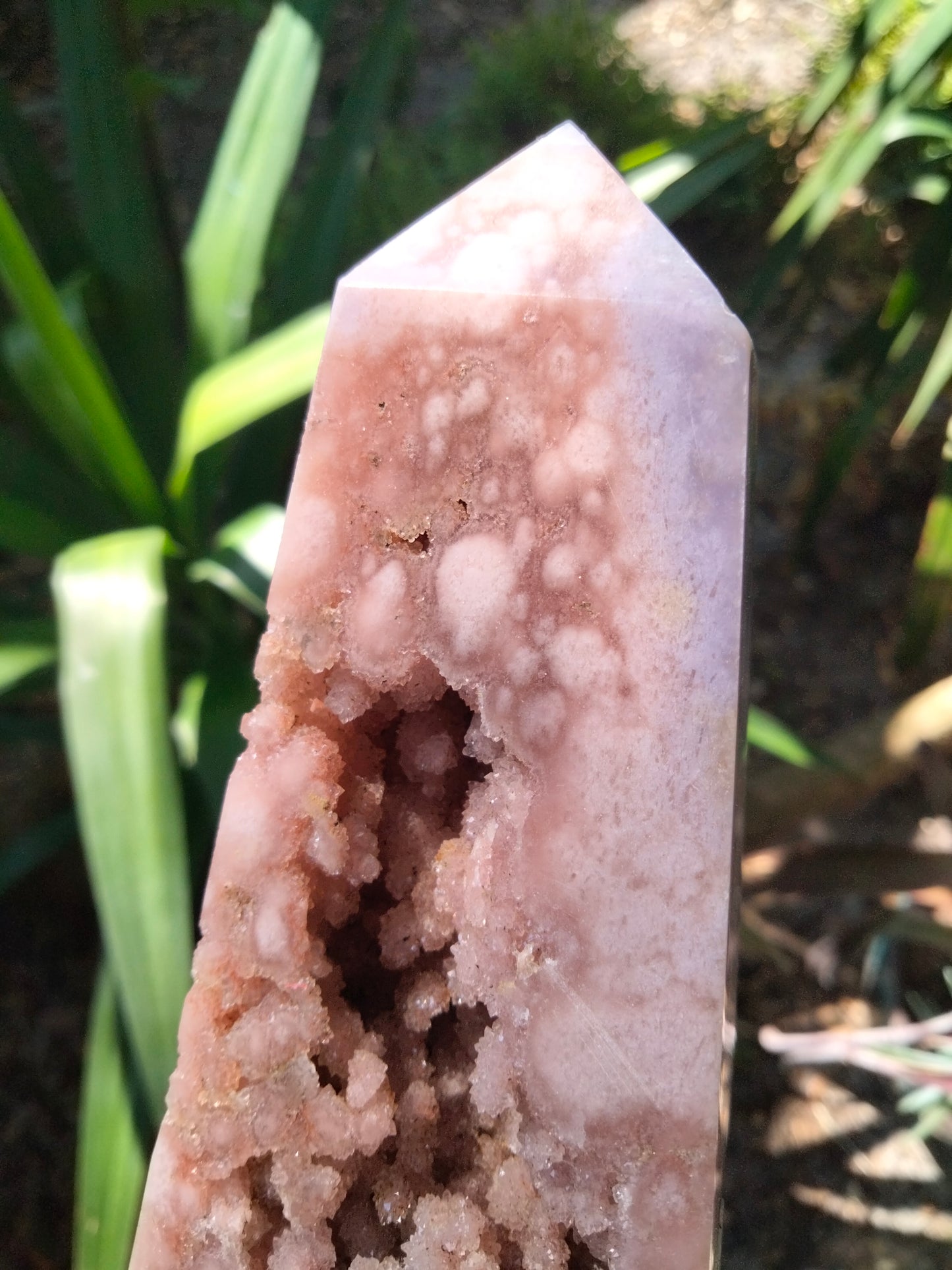 Pink amethyst tower with a druzy