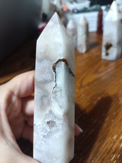 Blue Amethyst with White Chalcedony Tower and Druzy cave