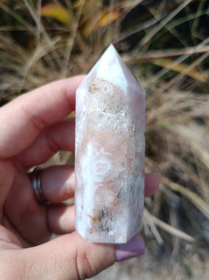 Pink Amethyst Tower with cave druzy