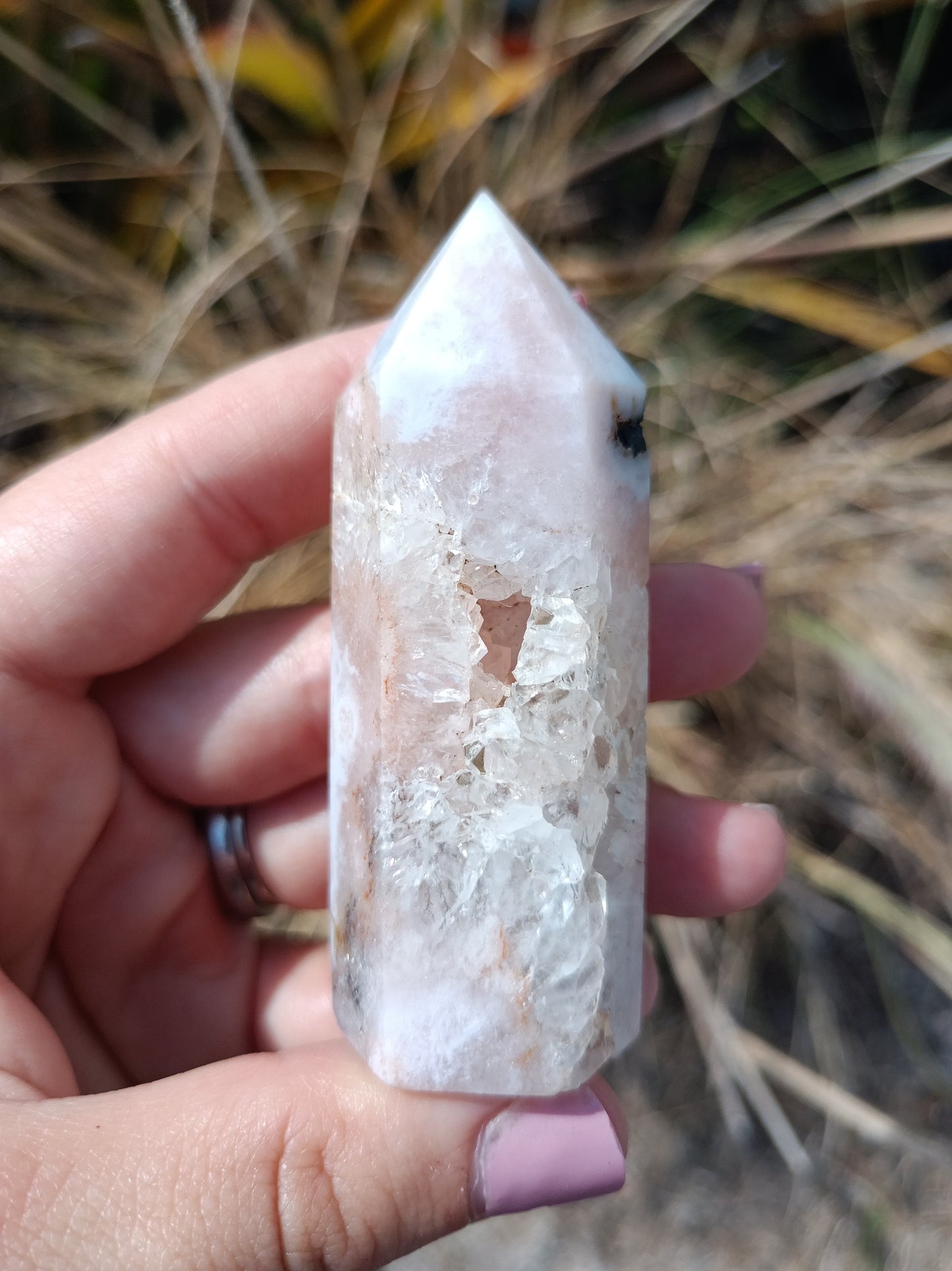 Pink Amethyst Tower with cave druzy