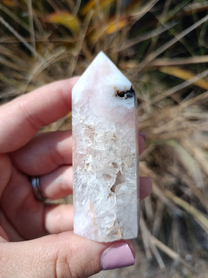 Pink Amethyst Tower with cave druzy