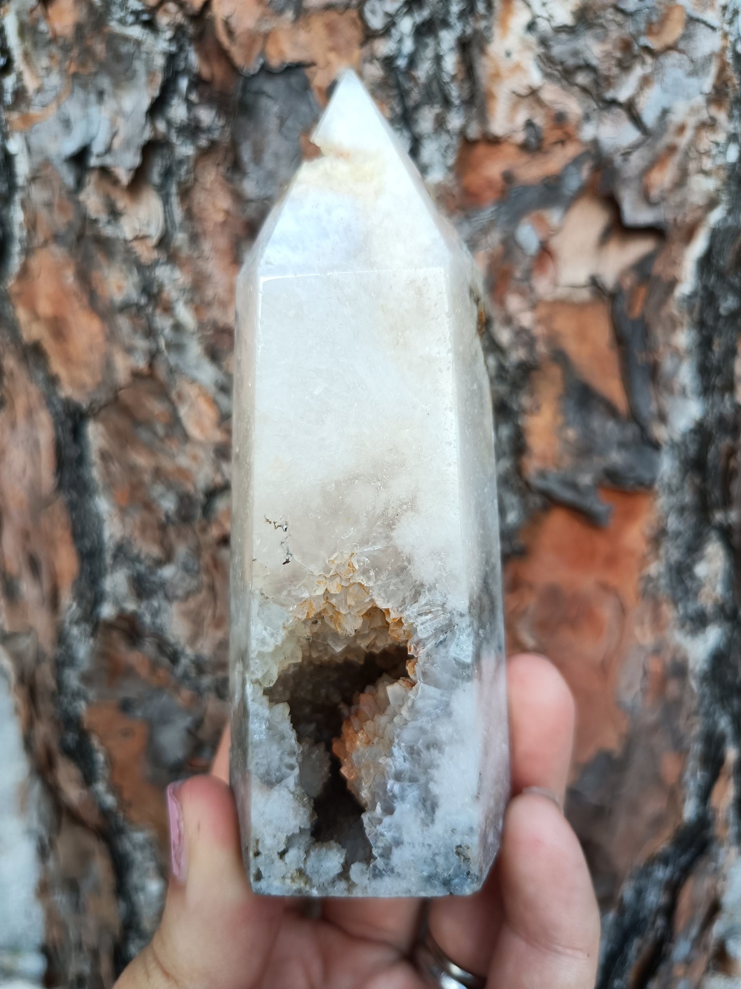 Pink and grey Amythyst Tower with cave druzy