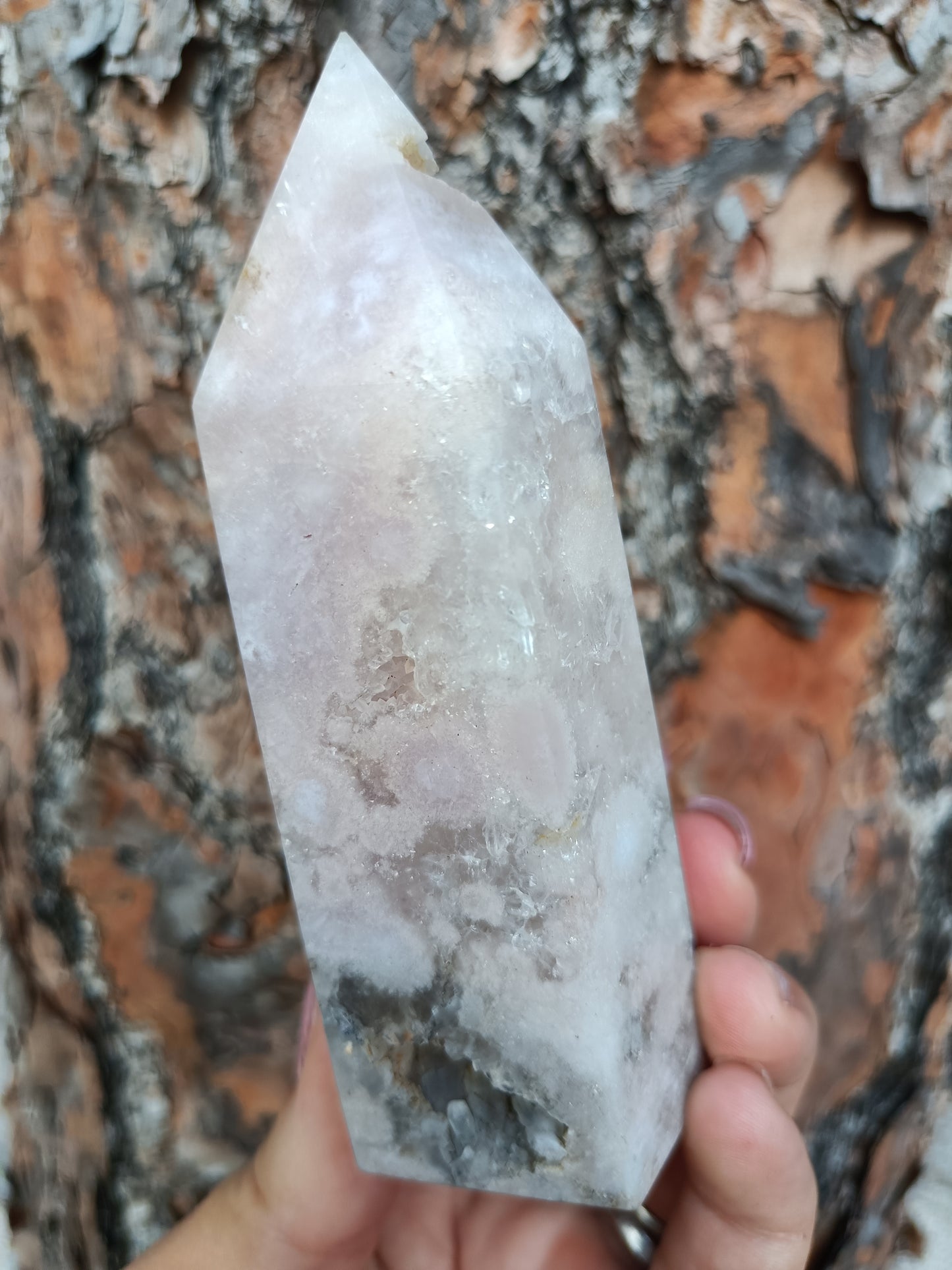 Pink and grey Amythyst Tower with cave druzy