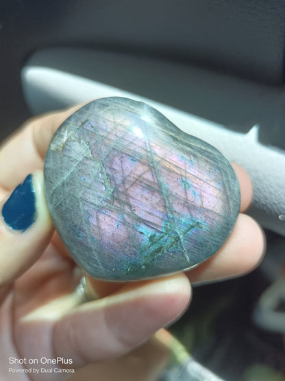 Bright Pink Labradorite Stone, handcarved Crystal Heart, high quality shine Rock