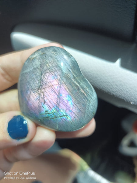 Bright Pink Labradorite Stone, handcarved Crystal Heart, high quality shine Rock