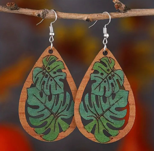 Plant Leaf Teardrop Wooden Earrings