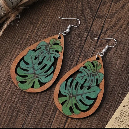 Plant Leaf Teardrop Wooden Earrings