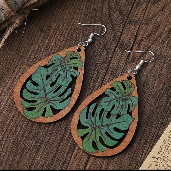 Plant Leaf Teardrop Wooden Earrings