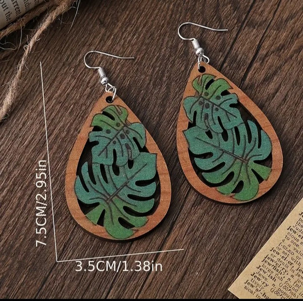 Plant Leaf Teardrop Wooden Earrings