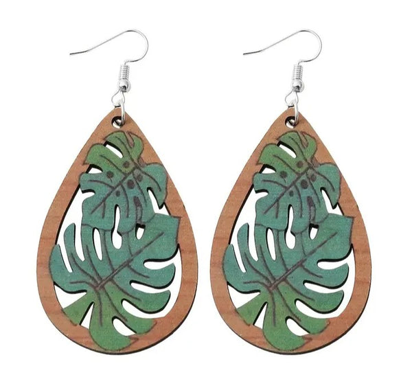 Plant Leaf Teardrop Wooden Earrings