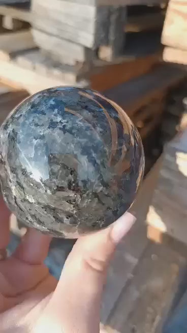 Larvikite, mystic merlinite, Indigo Gabbro Crystal sphere, pollished specimen for the rock collector