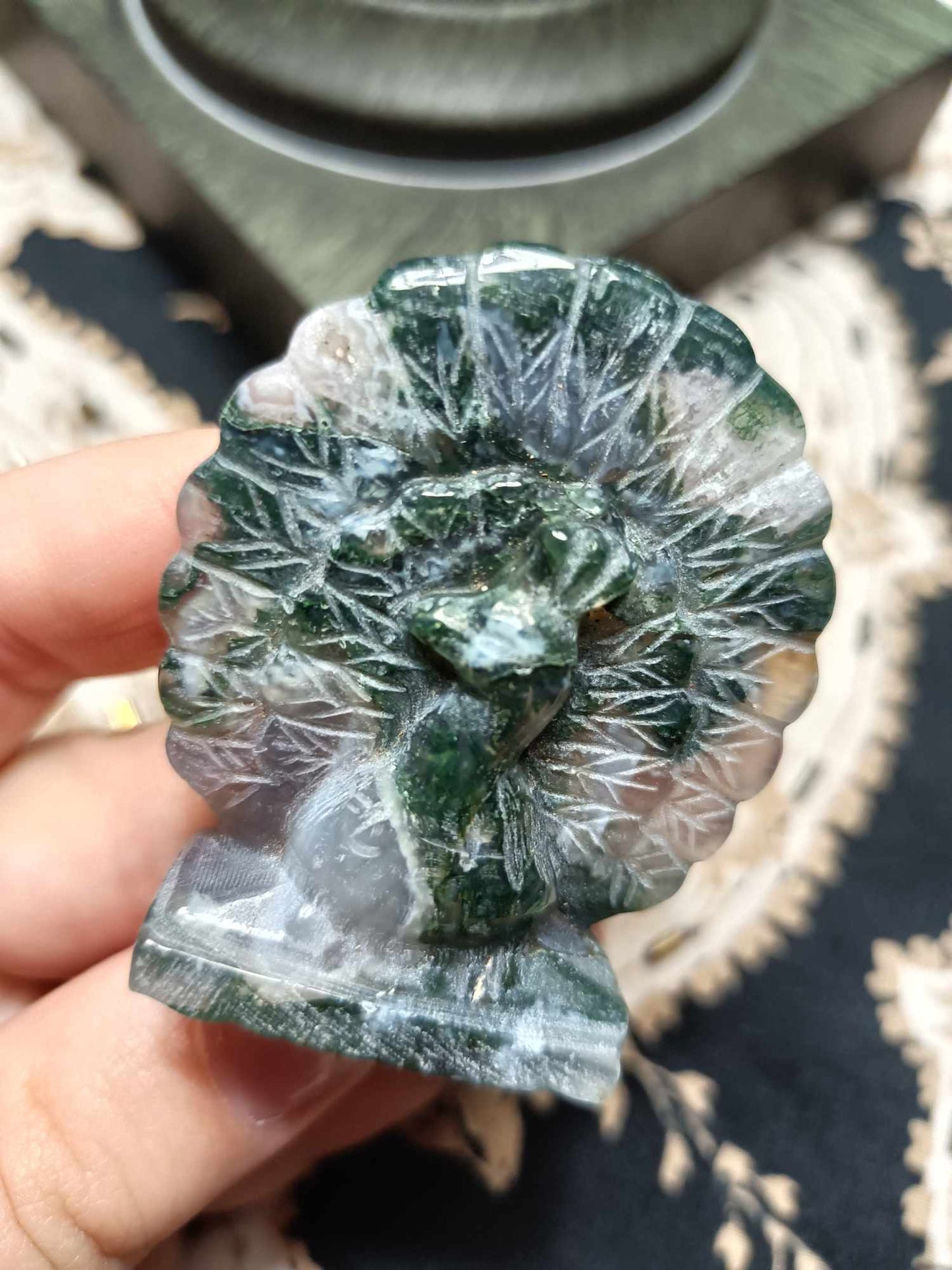 Moss Agate Peacock Crystal Carving