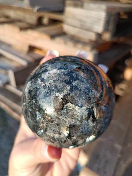 Larvikite, mystic merlinite, Indigo Gabbro Crystal sphere, pollished specimen for the rock collector