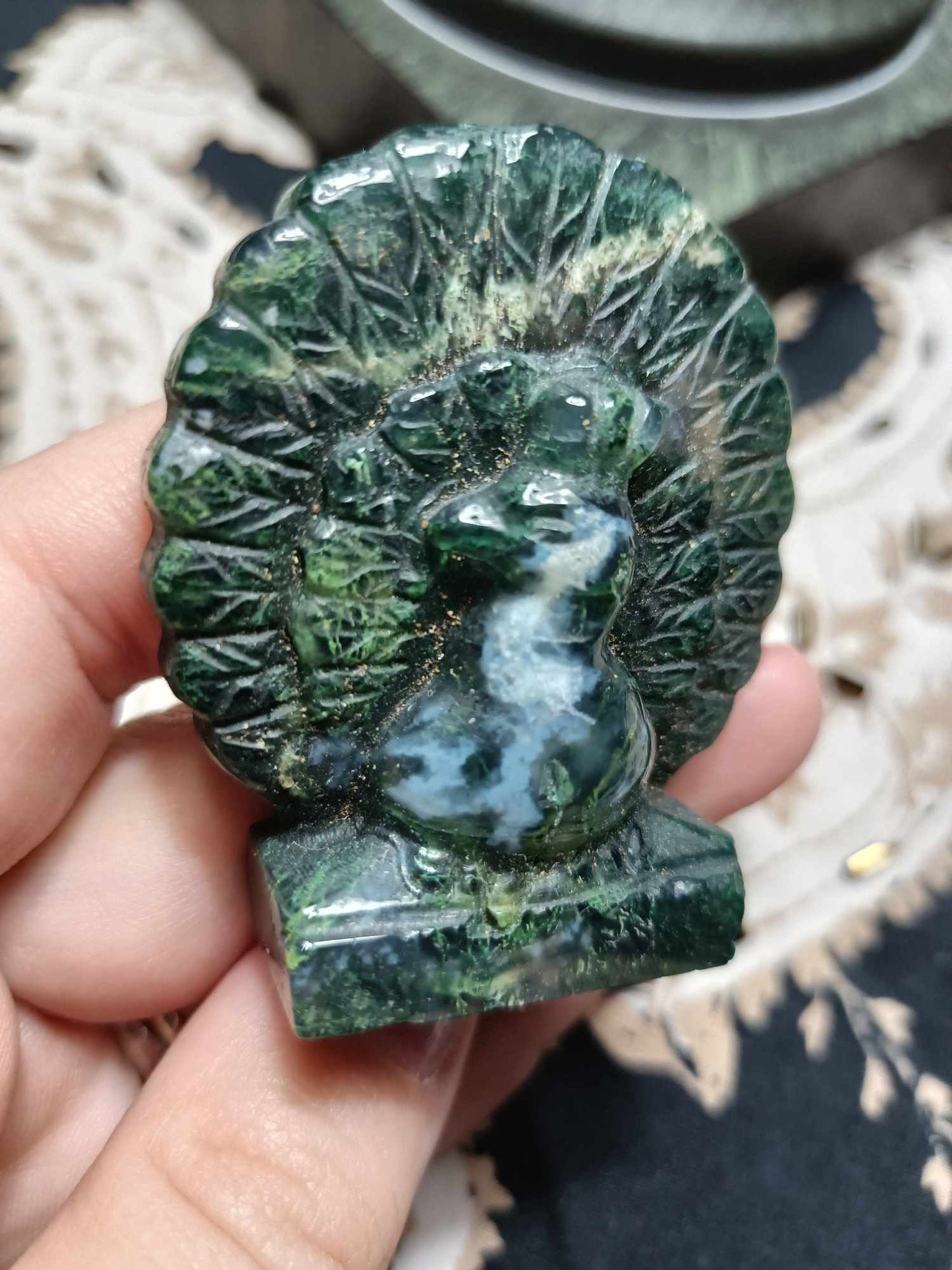 Moss Agate Peacock Crystal Carving