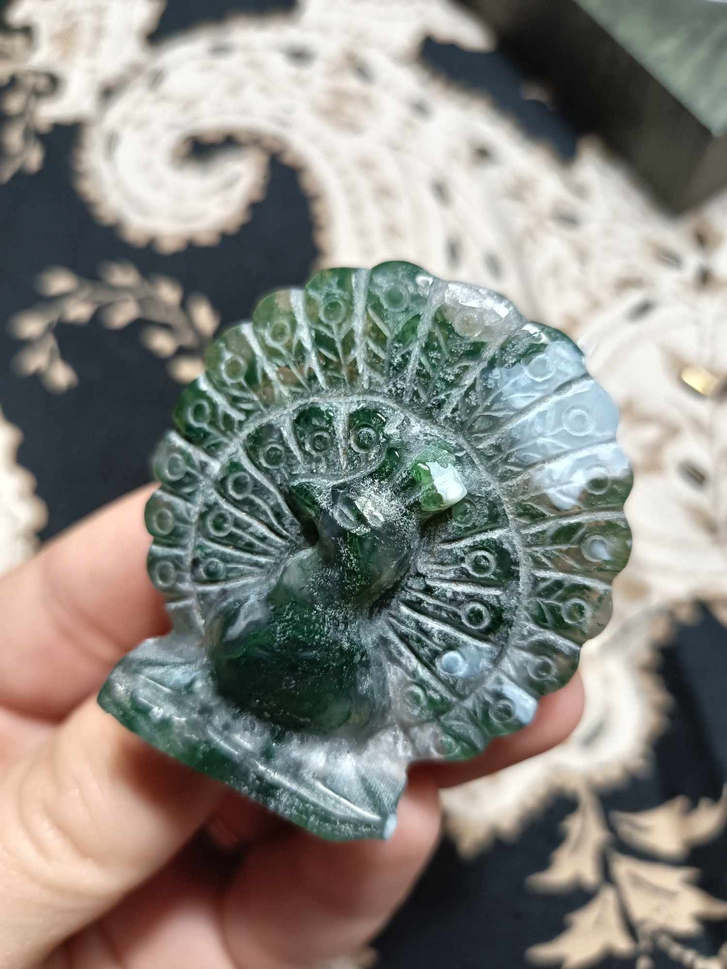 Moss Agate Peacock Crystal Carving