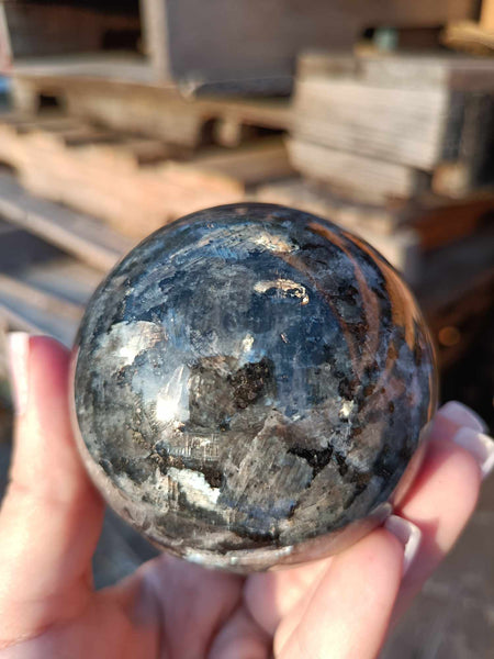 Larvikite, mystic merlinite, Indigo Gabbro Crystal sphere, pollished specimen for the rock collector