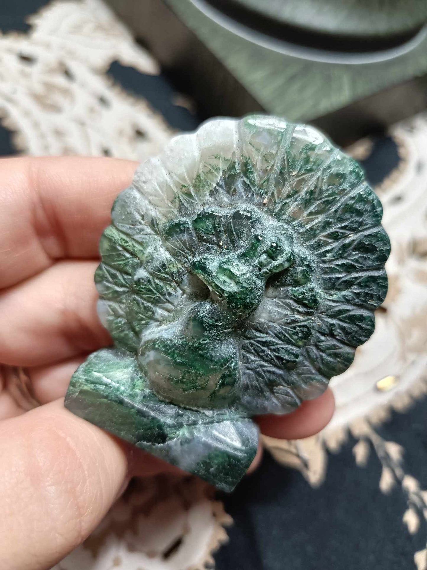 Moss Agate Peacock Crystal Carving