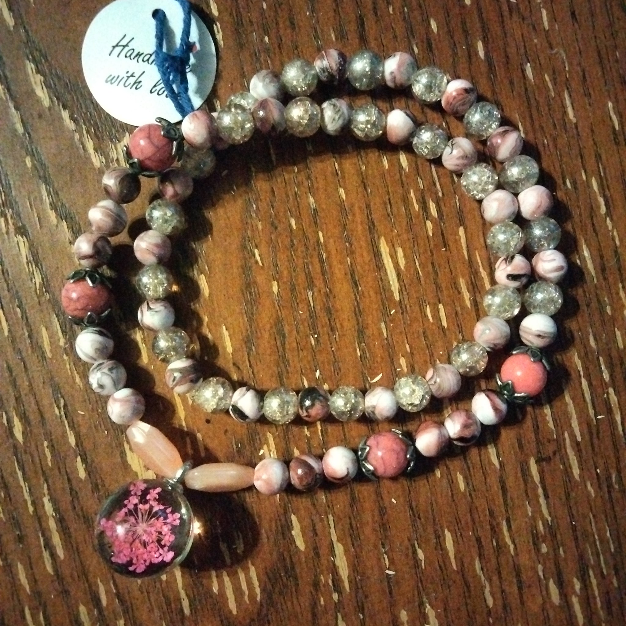 Pink beaded Necklace with Wisp Pendant by Peacemade