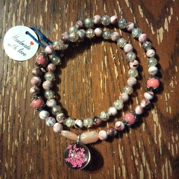 Pink beaded Necklace with Wisp Pendant by Peacemade