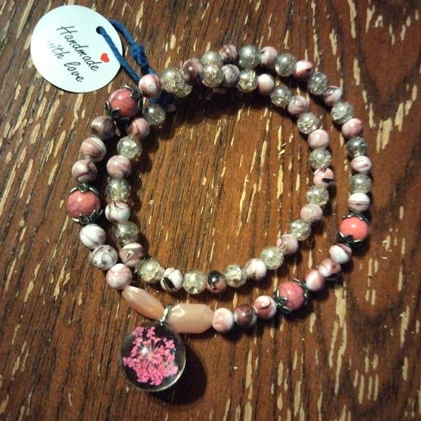 Pink beaded Necklace with Wisp Pendant by Peacemade