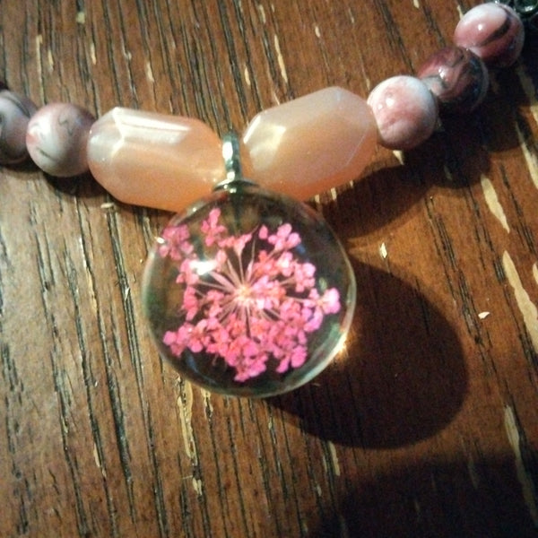 Pink beaded Necklace with Wisp Pendant by Peacemade