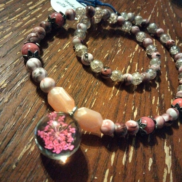 Pink beaded Necklace with Wisp Pendant by Peacemade