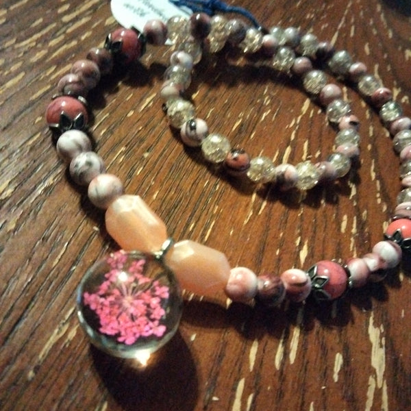 Pink beaded Necklace with Wisp Pendant by Peacemade