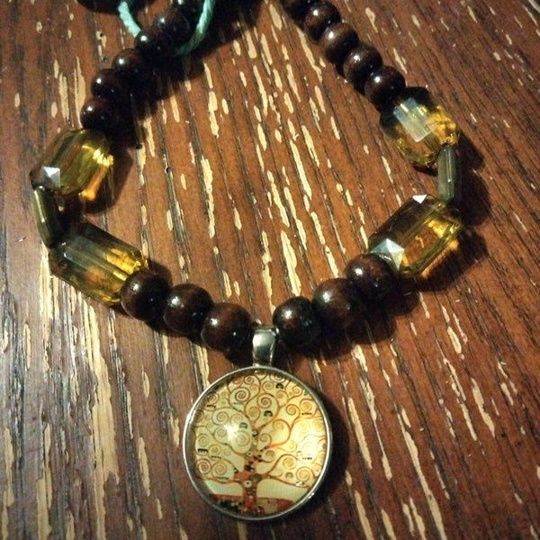 Wooden beaded Necklace with Family Tree Pendant by Peacemade