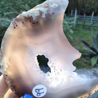 Agate Moon with moss infusion, portal, and window Druzy carving