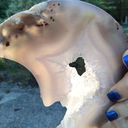 Agate Moon with moss infusion, portal, and window Druzy carving