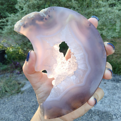 Agate Moon with moss infusion, portal, and window Druzy carving