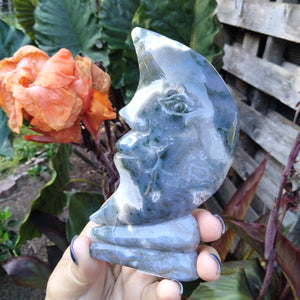 Moss Agate moon face carving