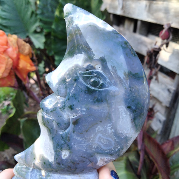 Moss Agate moon face carving