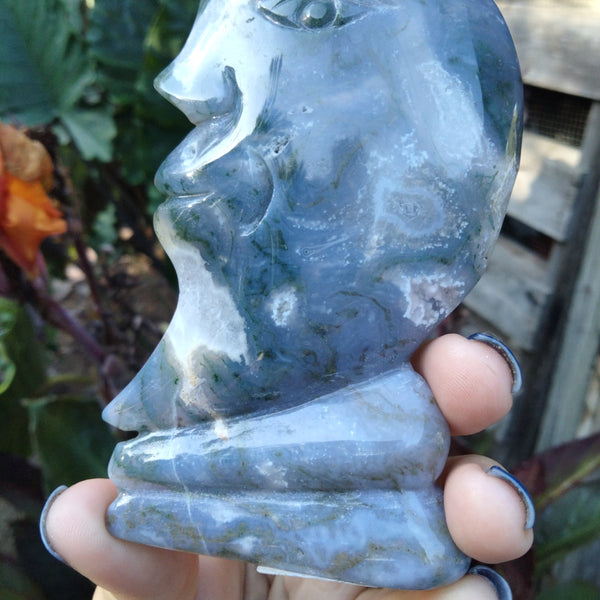 Moss Agate moon face carving