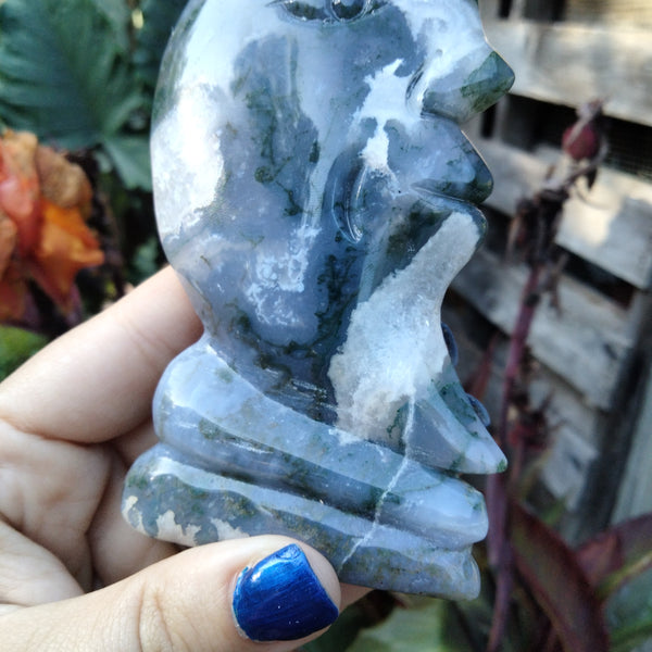 Moss Agate moon face carving