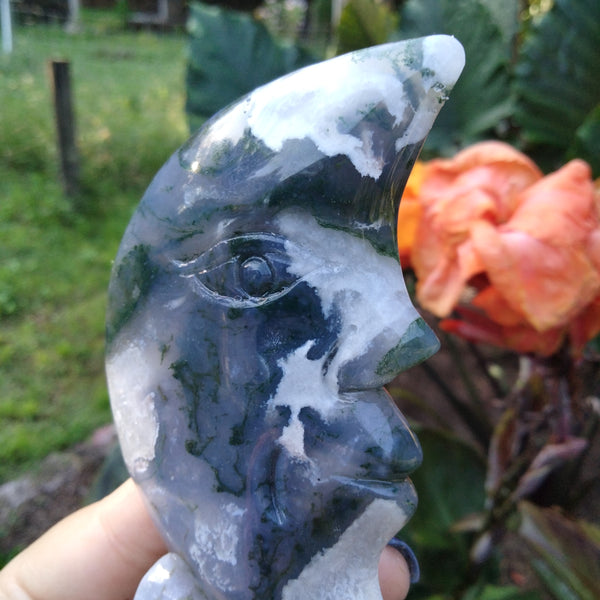 Moss Agate moon face carving