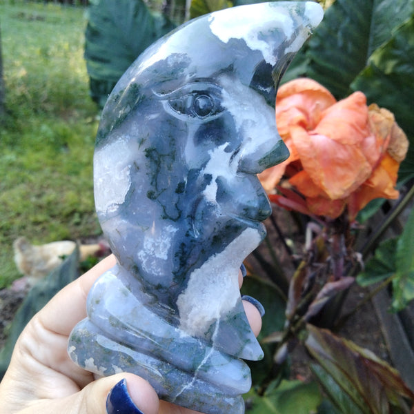 Moss Agate moon face carving