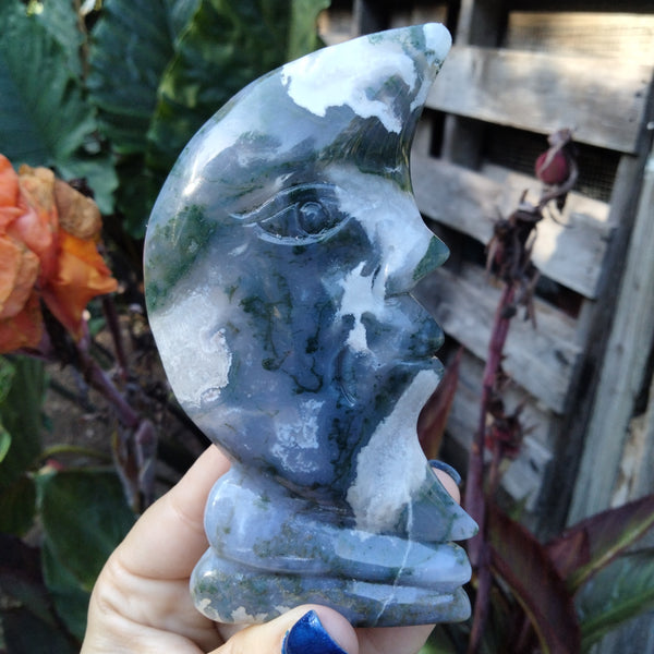 Moss Agate moon face carving