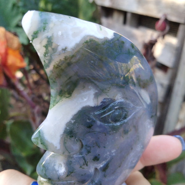 Moss Agate moon face carving