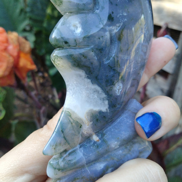 Moss Agate moon face carving