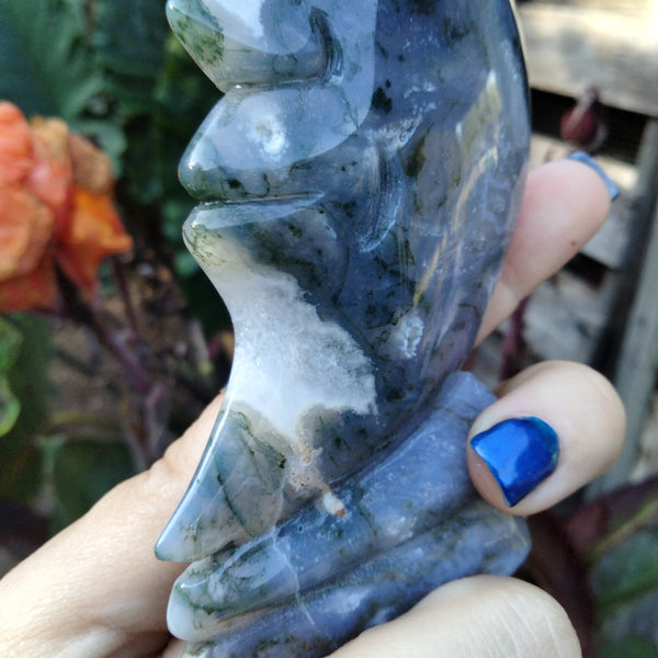 Moss Agate moon face carving