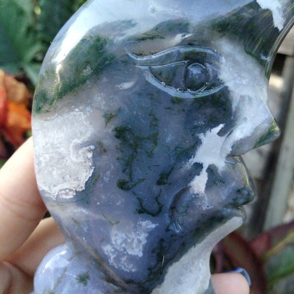 Moss Agate moon face carving