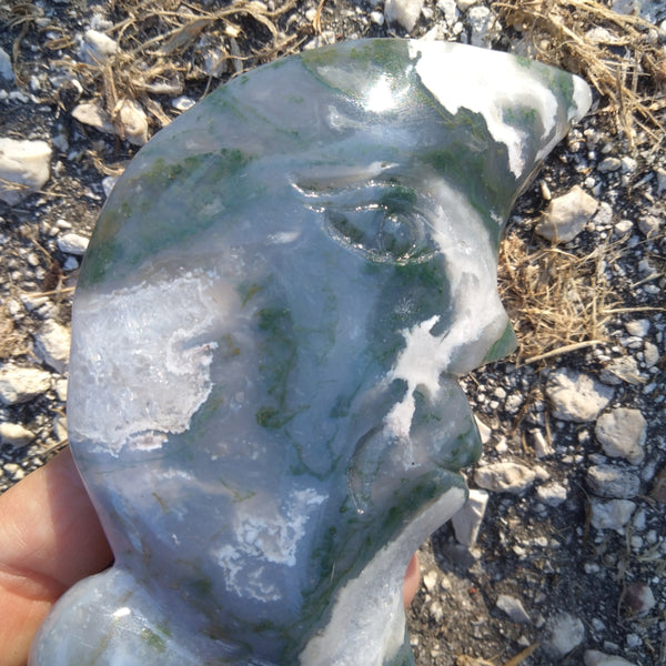 Moss Agate moon face carving