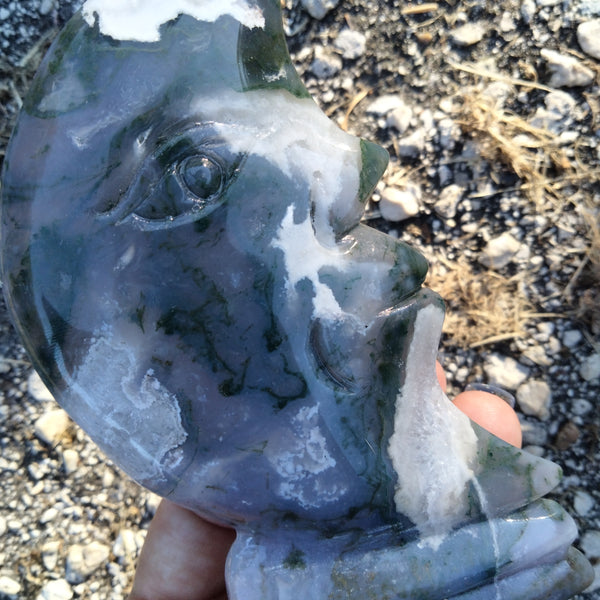 Moss Agate moon face carving