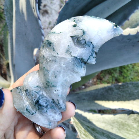 Moss Agate moon face carving