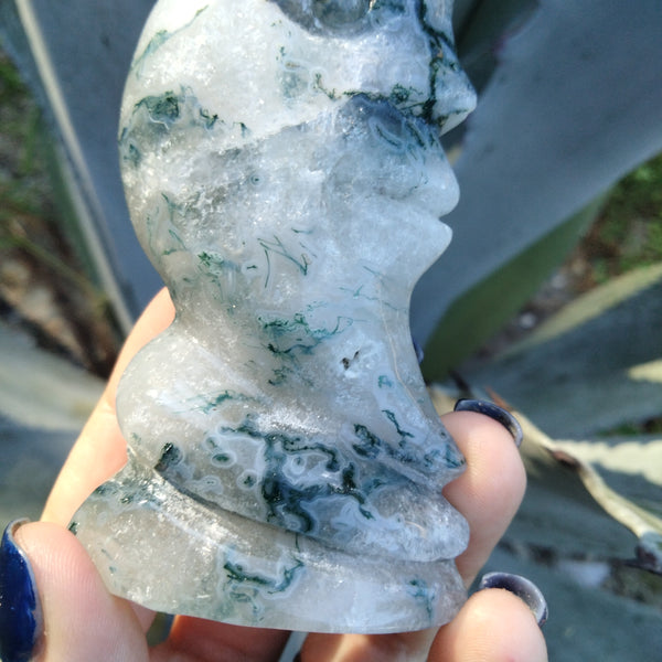 Moss Agate moon face carving